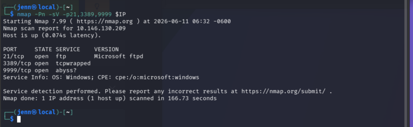 Nmap confirming ports 21, 3389, and 9999 still open and running